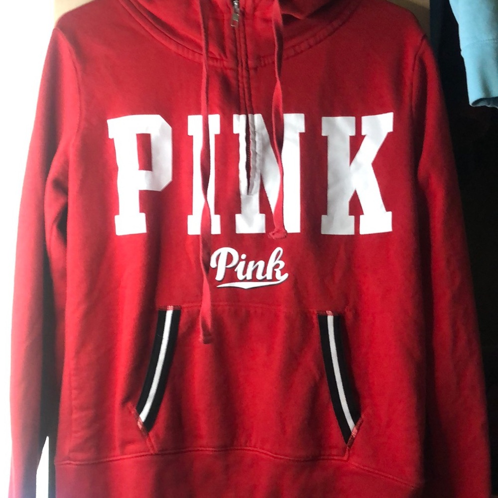 Medium PINK Red and White half zip up hoodie